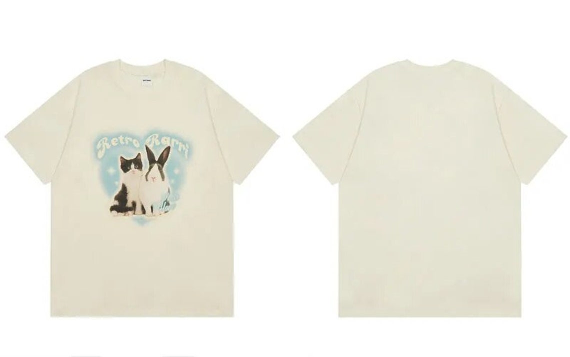 Beige Retro Y2K Rabbit and Cat T Shirt - Etsy