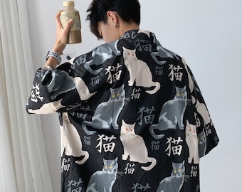Harajuku Style Men's cat shirt with Japanese Kanji