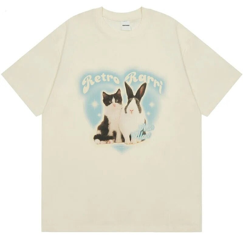 Beige Retro Y2K Rabbit and Cat T Shirt - Etsy