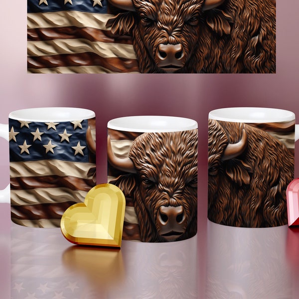 American patriotic Mug 4th of July Bison Mug 11 oz and 15 oz USA flag, Buffalo wrap design USA mug png, Sublimate digital designs Coffee Mug