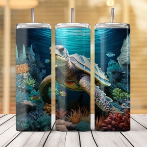 ウミガメの水彩タンブラーラップ 20 オンス スキニータンブラー ストレート & テーパード PNG 昇華デザイン 自然 動物 水族館 デジタルダウンロード
