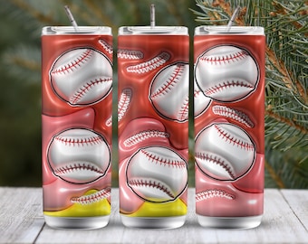 May include: Three stainless steel tumblers with a red and pink background and a white baseball pattern.