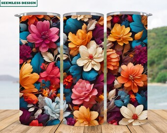 Puede incluir: Un diseño sin costuras con un patrón floral colorido con tonos vibrantes de rosa, naranja, amarillo, azul y morado. El diseño es perfecto para un vaso o artículos similares.