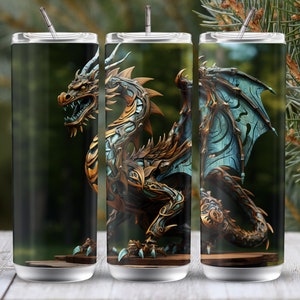 Wooden Dragon 20oz skinny tumbler sublimation design Fairy animal Flowers digital PNG Straight wrap download