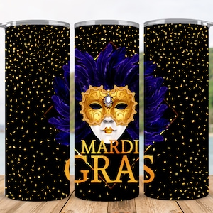 Mardi Gras Elegant blue feather face with 20 oz Skinny Tumbler Sublimation Design Digital Download PNG Instant DIGITAL ONLY, Tumbler Wrap