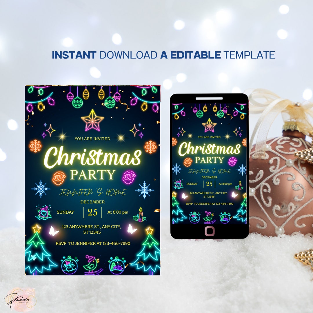 Editable Neon Christmas Party Invitation Neon Christmas Party Etsy