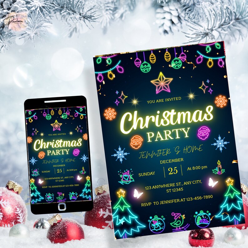 Editable Neon Christmas Party Invitation Neon Christmas Party Etsy