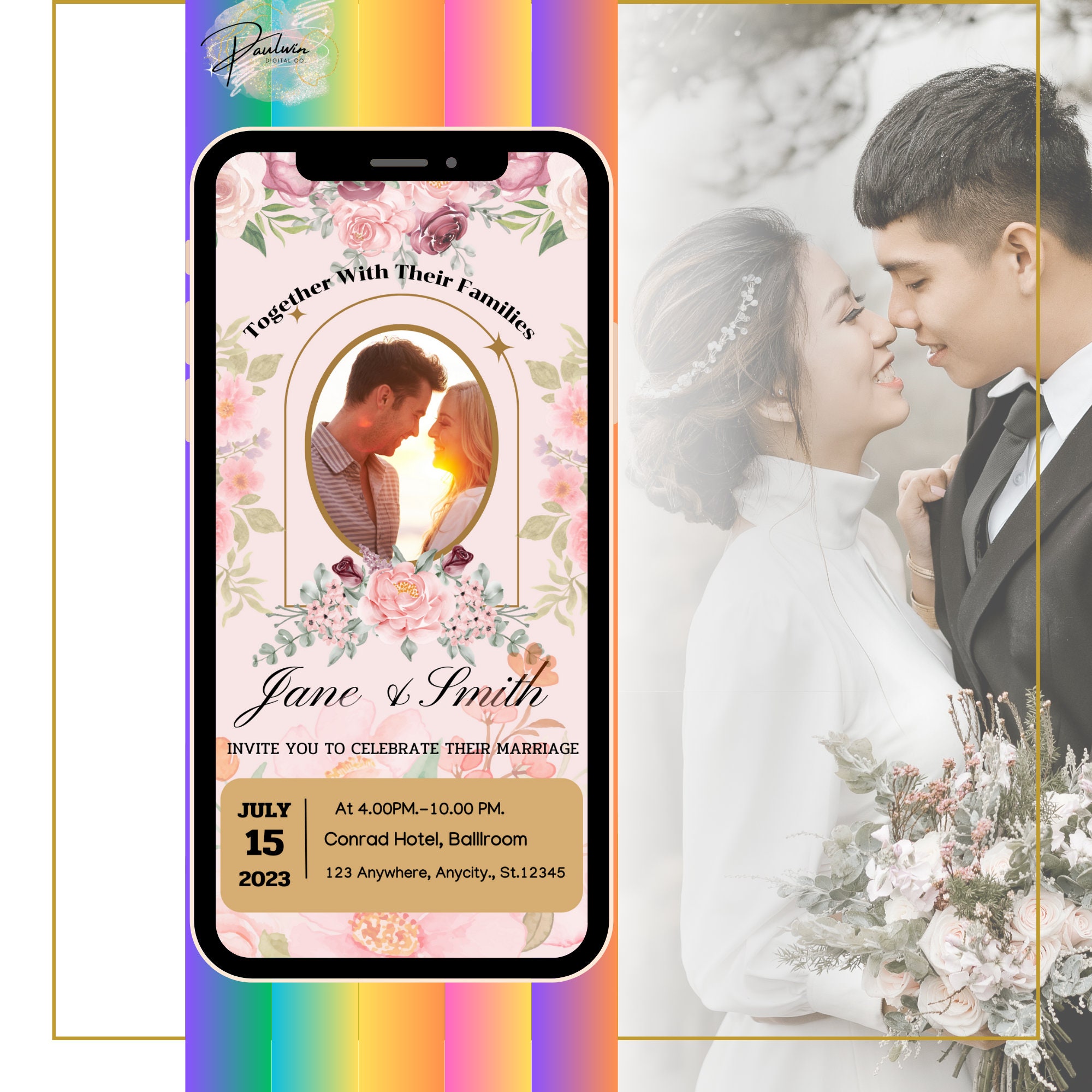 Invit Rose Digital Wedding Invitation, Pink Rose Invitation Template, Editable ...