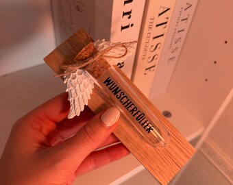 Wish Granter with Angel Wings – Gift with Test Tube – Wooden Decoration – Lucky Charm – Fillable – Small Gift
