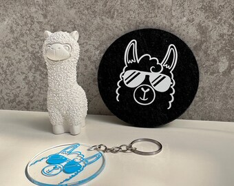 Alpaca gift set – ceramic figurine, keychain & coaster – sweet gift for alpaca fans