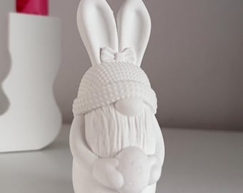 Ceramic Easter decoration, rabbit and gnome | Minimalist Easter figurine | Scandinavian Easter decor | Modern Easter gift | Spring table decoration, white
