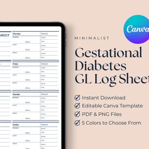 Gestational Diabetes | Glucose Level Log Sheets | Instant Download Printable | Editable Canva Templates | Blood Sugar Log | Meal Snack Log