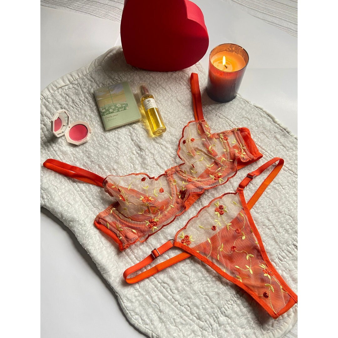 GREDEA Womens See Through Lace Embroidered Bra And Garter Set Sexy Orange  Lingerie With Garter Leg 213R From Lqbyc, $40.41