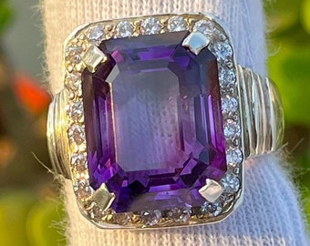 Halo Purple Amethyst ring Unique 925 Silver engagement ring Baguette cut ring Prong set ring Vintage Bridal wedding anniversary ring