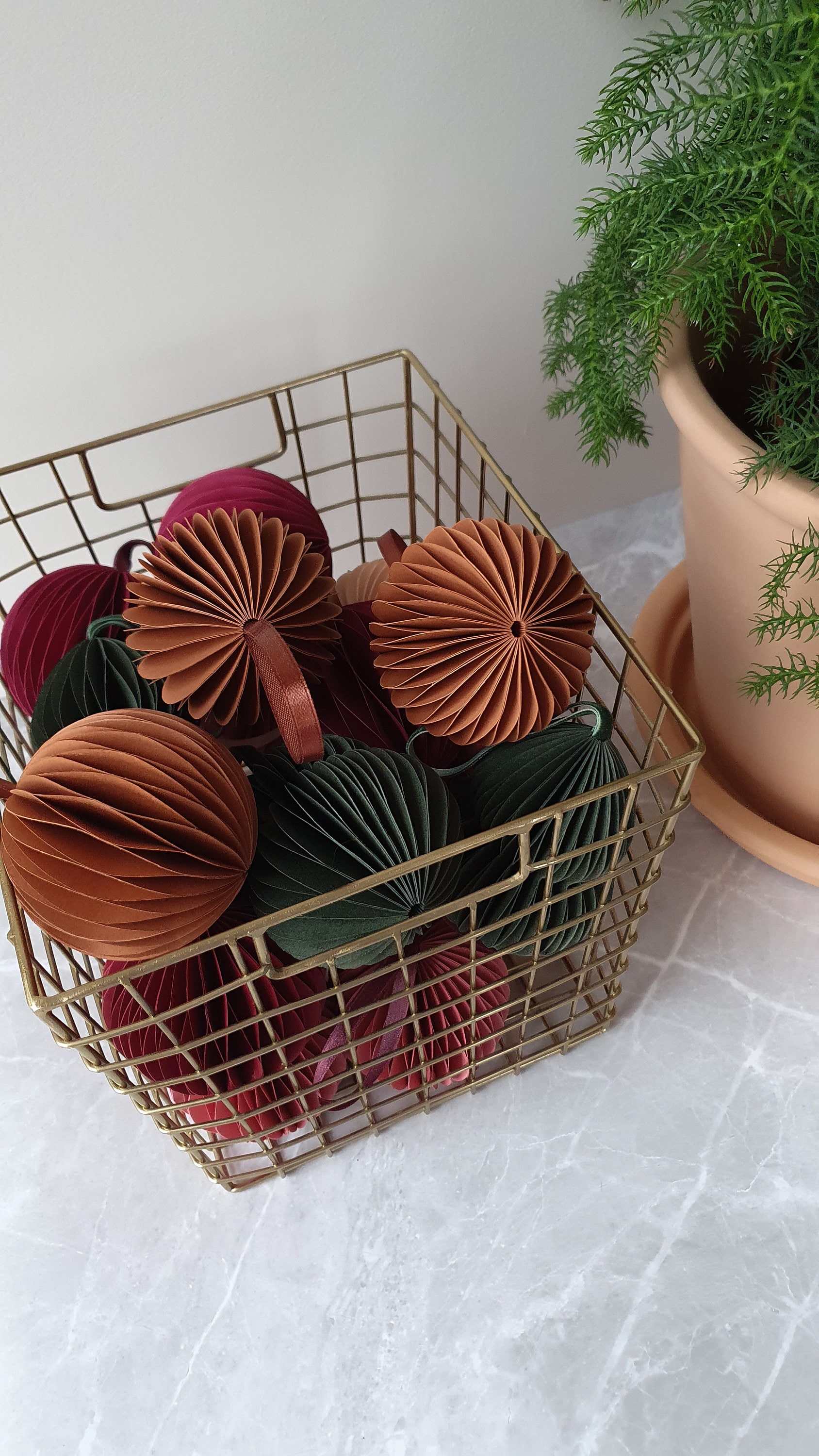Christmas Ornaments, Paper Baubles, Burnt Orange Scandi Decoration