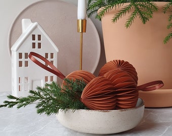 Kerstornamenten set van 3, Scandi-decoratie verbrand oranje, rustieke ornamenten, eco-kerstballen, papieren kerstbaldecoraties