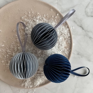 Christmas ornaments, Paper baubles, Navy blue & steel scandi decoration, Rustic eco christmas baubles, Grey bauble decorations, SET of 3