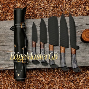 Hand-Forged Damascus Chef Knife Set 5pcs with Leather Roll | Handmade Kitchen Knives | chef gift.
