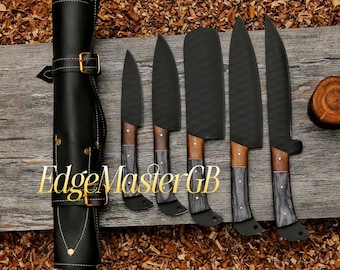 Conjunto de 5 facas de chef forjadas à mão em aço damasco com estojo de couro | Facas de cozinha artesanais | Presente para chef.