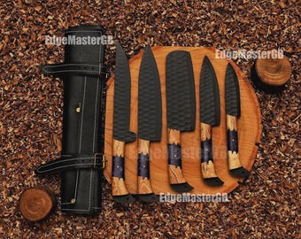 Damascus Steel Chef Knife Set – 5 pieces with Leather Roll | Luxury Gift for Chefs & Cooks