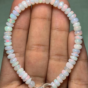 Natural White Opal Bracelet, Opal Beads Bracelet, Rondelle Opal Beads, Rainbow Fire Opal Bracelet, Handmade Opal Jewelry, Silver Bracelet