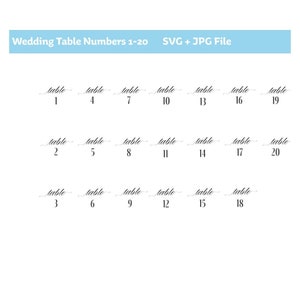 May include: A set of 20 wedding table numbers, each with a handwritten font style. The numbers are arranged in three rows of seven numbers each. The numbers are 1-20.