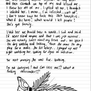 May include: Handwritten journal entry about a day with a cat. The entry describes a close encounter with a cat and the writer's anxieties about potential infection. The entry ends with a drawing of a butterfly on a branch.