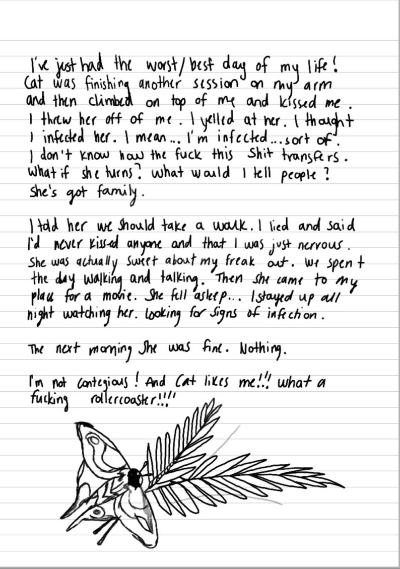 May include: Handwritten journal entry about a day with a cat. The entry describes a close encounter with a cat and the writer's anxieties about potential infection. The entry ends with a drawing of a butterfly on a branch.
