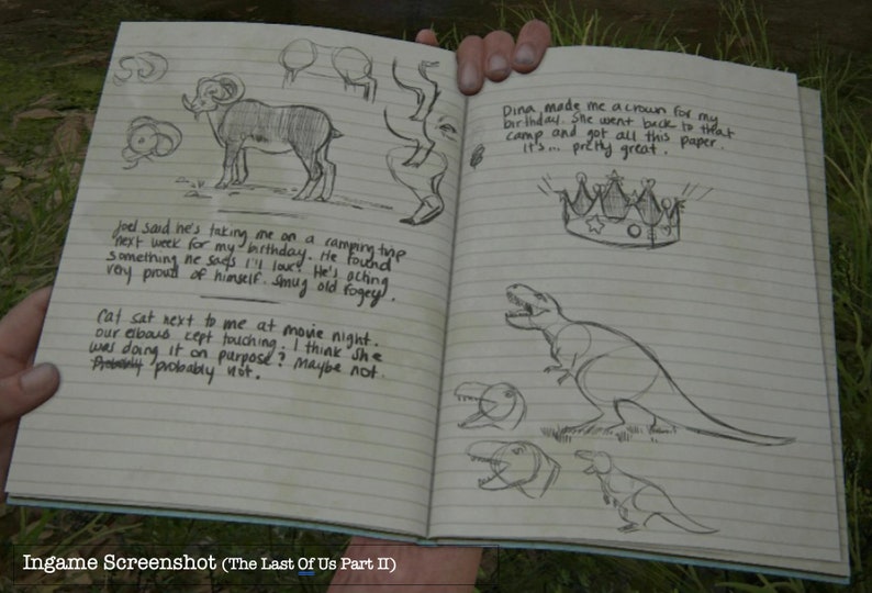 May include: A notebook page with handwritten notes and drawings. The notes mention a camping trip, a birthday, and a movie night. The drawings include a ram, a crown, and a dinosaur.