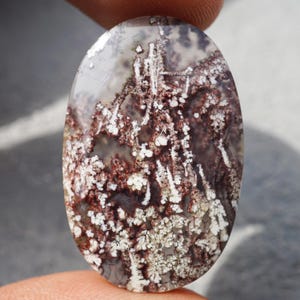 Puede incluir: Una piedra preciosa de forma ovalada con un patrón único. La piedra presenta una mezcla de colores blanco, marrón y gris, con un diseño que recuerda a un paisaje o una formación natural. La superficie pulida refleja la luz, resaltando los intrincados detalles.