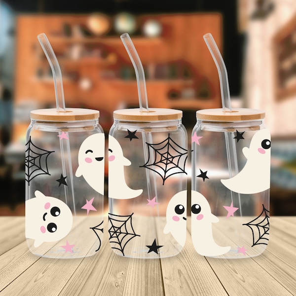 Ghosts Iced Coffee Glass Cup 16oz with Lid and Straw, Glass Beer Can, Iced Coffee Cup, Birthday Friend Gift, Coffee Lover Gift, Halloween