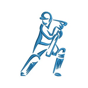 May include: A blue line drawing of a cricket player in a batting stance, holding a bat.