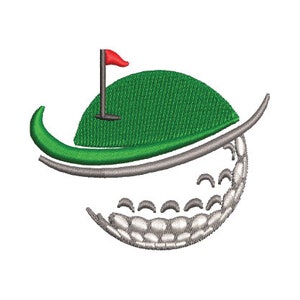 May include: A green golf course with a red flag and a white golf ball with dimples.