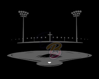 DOWNLOAD - Christliches Baseballfeld unter Lichtern mit Kreuz Vektorgrafik-Digital-Kunst-Illustration - ai, eps, dxf, svg, pdf, jpeg, png