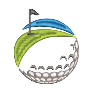 May include: A green and blue golf ball with a flag on top. The ball is surrounded by a green and blue background.