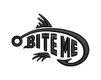Download Bite Me Fish Fisherman Embroidery Design for Towel, Shirt, Bag, Gear using .emb, .pes, .exp, .dst, .hus, .jef, .vp3, .xxx