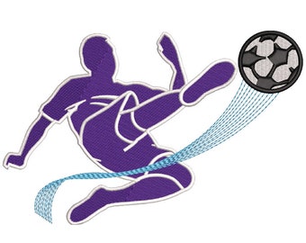 Download Kicking Soccer Football Player Embroidery Design for Towel, Shirt, Bag, Gear using .emb, .pes, .exp, .dst, .hus, .jef, .vp3, .xxx