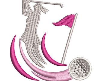 Downloaden Sie Swinging Lady Golfspielerin Stickdatei für Handtuch, Hemd, Tasche, Ausrüstung mit .emb, .pes, .exp, .dst, .hus, .jef, .vp3, .xxx