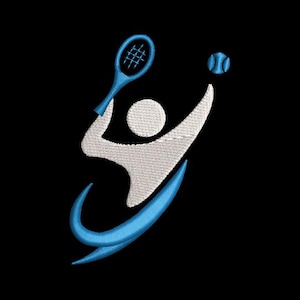 May include: A white silhouette of a person playing tennis, holding a blue tennis racket and a blue tennis ball. The person is standing on a blue wave-like shape.