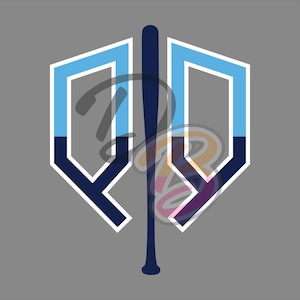 May include: A baseball bat graphic with a blue and white shield design. The shield has a white outline and a blue and white color scheme.
