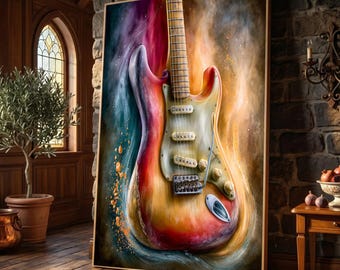 Vintage Electric Guitar Canvas, Musical Instrument Wall Art, Colorful Guitar Painting, Abstract Music Decor, Ready to Premium Canvas Print