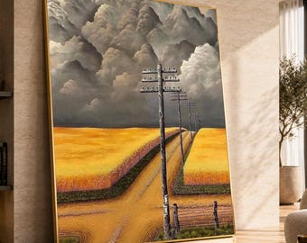 Stormy Sky Over Golden Wheat Field Canvas, Rural Landscape Wall Art, Telephone Poles Road Canvas, Scenic Farm Premium Canvas Print