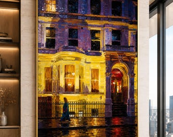 Nighttime City Street Scene Canvas, Illuminated Building Facade, Urban Architecture Wall Art, Evening Walk Canvas, Premium Canvas Print