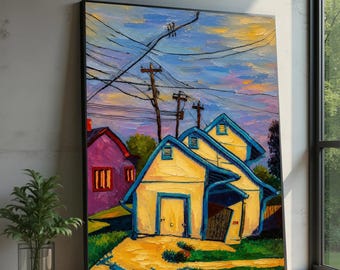 Vibrant Neighborhood Scene, Colorful Houses Canvas, Evening Sky Wall Art, Urban Landscape Painting, Decorative Canvas Premium Canvas Print