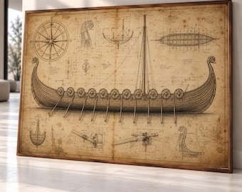 Viking Ship Blueprint Canvas, Historical Maritime Art, Nautical Wall Print, Modern Living Room