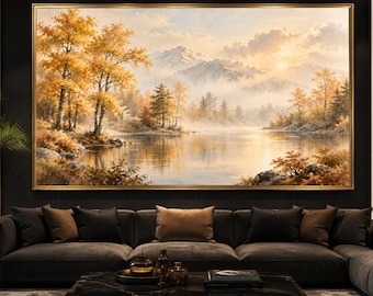 Autumn Lake View Canvas Wall Art, Misty Mountain Landscape, Fall Trees Reflection, Serene Nature Scene, Warm Tone Home Premium Canvas Print