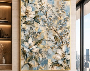 Elegant Floral Canvas Wall Art with Butterfly, Blue and Gold Botanical Print, Nature Decor for Living Room, Ready to Premium Canvas Print