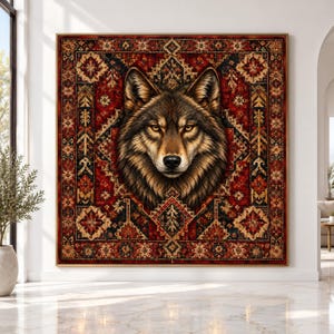 May include: A square wall art piece featuring a detailed portrait of a wolf head centred against a deep red and black background with intricate geometric patterns reminiscent of a woven rug, framed in a thin gold border.
