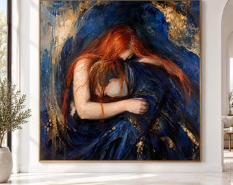 Enigmatic Red-Haired Woman, Blue and Gold Abstract Canvas, Emotional Figurative Wall Art, Dramatic Artistic Portrait Premium Canvas Print