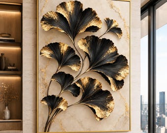 Elegant Black and Gold Ginkgo Leaves Canvas Wall Art, Modern Botanical Design, Luxury Home Decoration, Nature Canvas Premium Canvas Print
